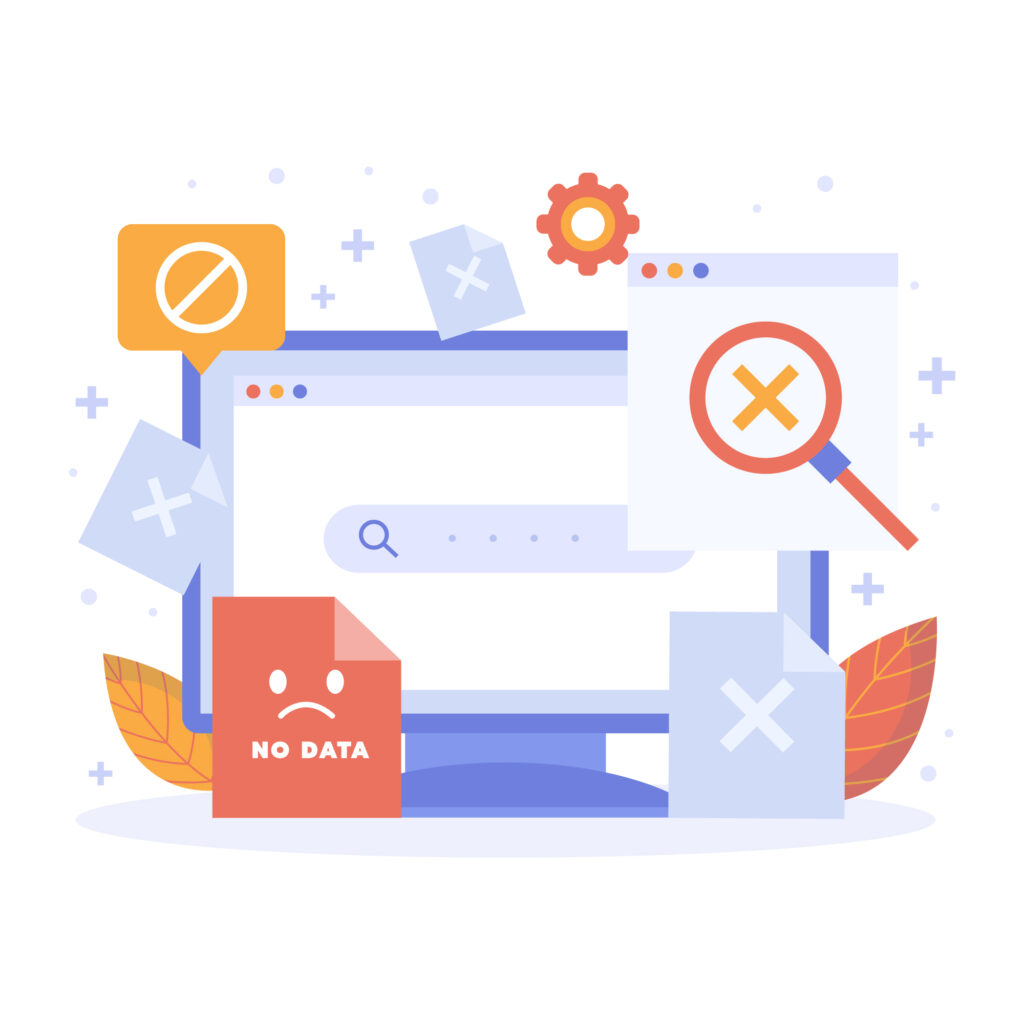 Illustration of a computer monitor displaying error messages, warning icons, and documents labeled "No Data," symbolizing website issues or missing information.