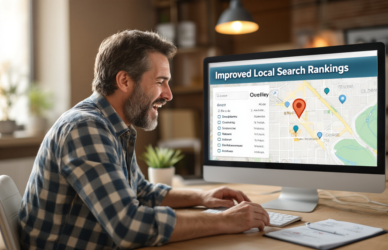 Create a realistic image of a business owner looking relieved while reviewing improved local search rankings on a computer screen, with a digital map showing location pins in the background, warm office lighting, and a notepad with a checklist of corrected SEO mistakes visible on the desk.
