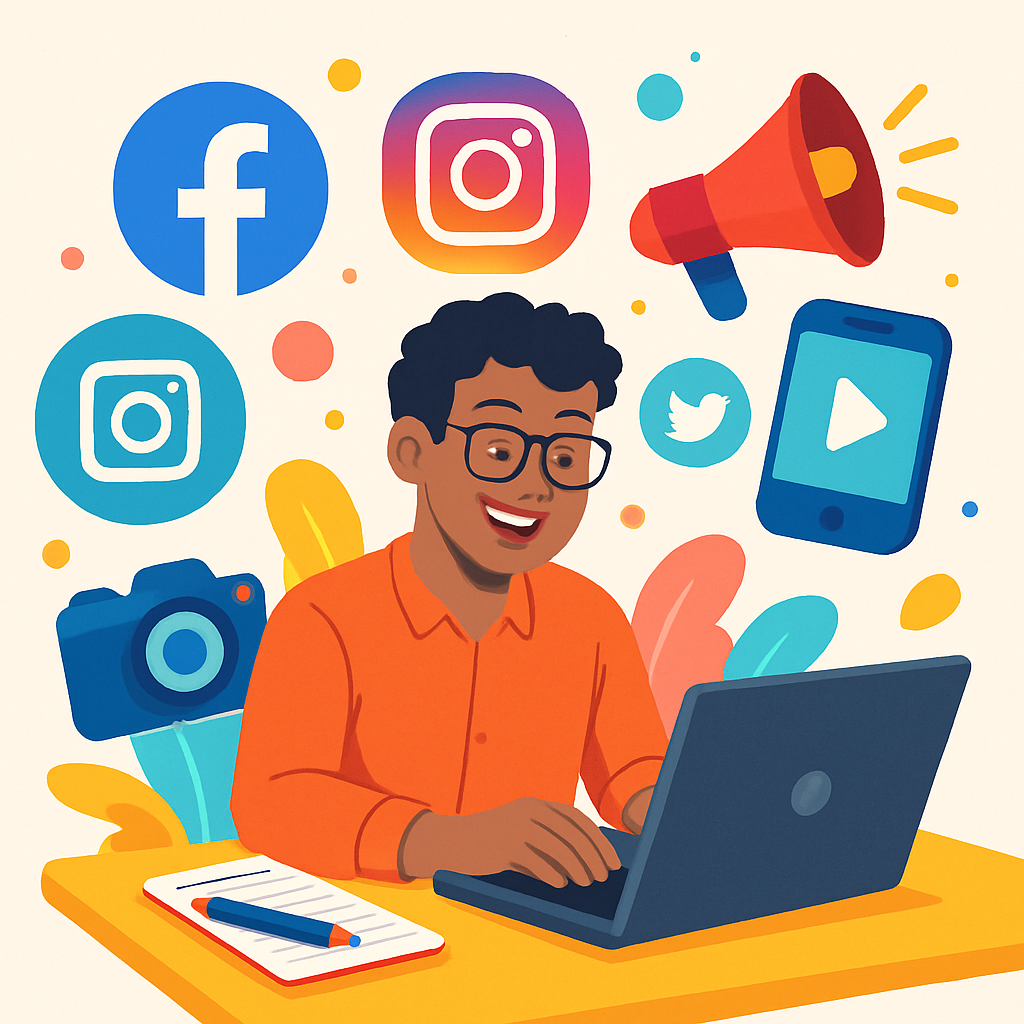 Small business owner working on laptop creating marketing content surrounded by social media icons and marketing tools