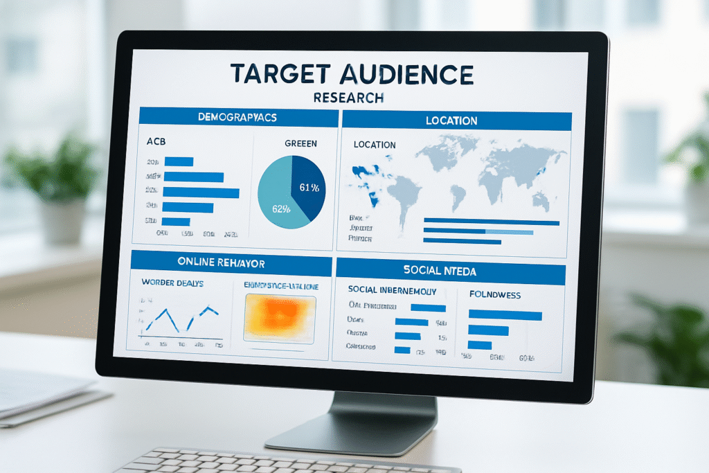 Analytics dashboard on a computer monitor showing social media audience demographics, location, and engagement data.