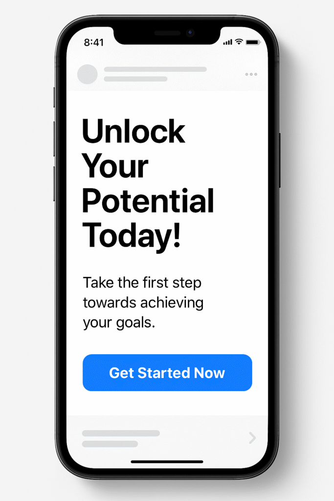 Mobile phone screen displaying a clean, high-contrast social media ad with a bold call-to-action button.