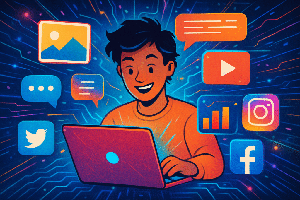 Colorful digital illustration of a person at a laptop surrounded by visual storytelling and social media icons, including Twitter, Instagram, Facebook, video, image, and analytics symbols.