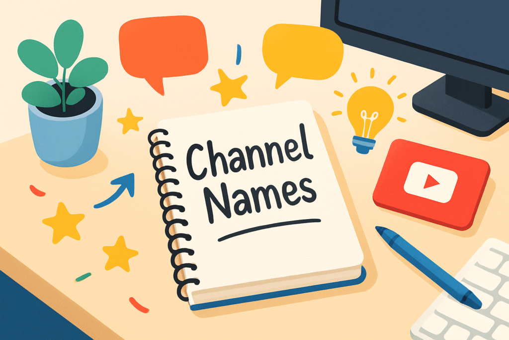 Illustration of a desktop workspace featuring a notebook labeled ‘Channel Names’, YouTube logo, creative doodles, and colorful speech bubbles.