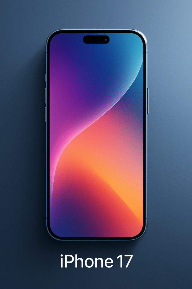 Sleek, modern illustration of the new iPhone 17 with vibrant front display colors against a minimalistic tech-inspired gradient background.