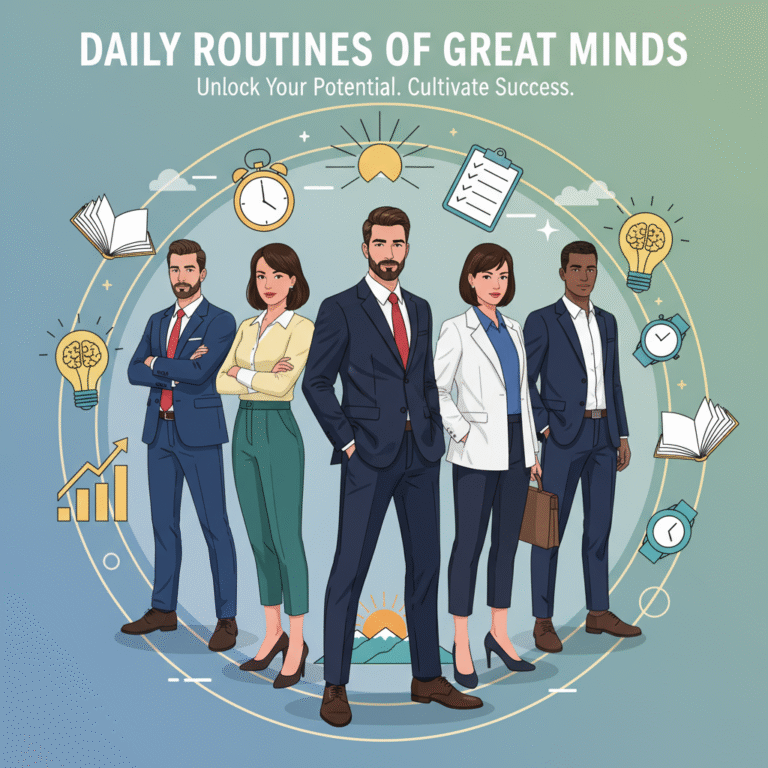 Illustration of diverse successful individuals in business and creative attire, surrounded by icons of books, clocks, checklists, and lightbulbs on a clean background.