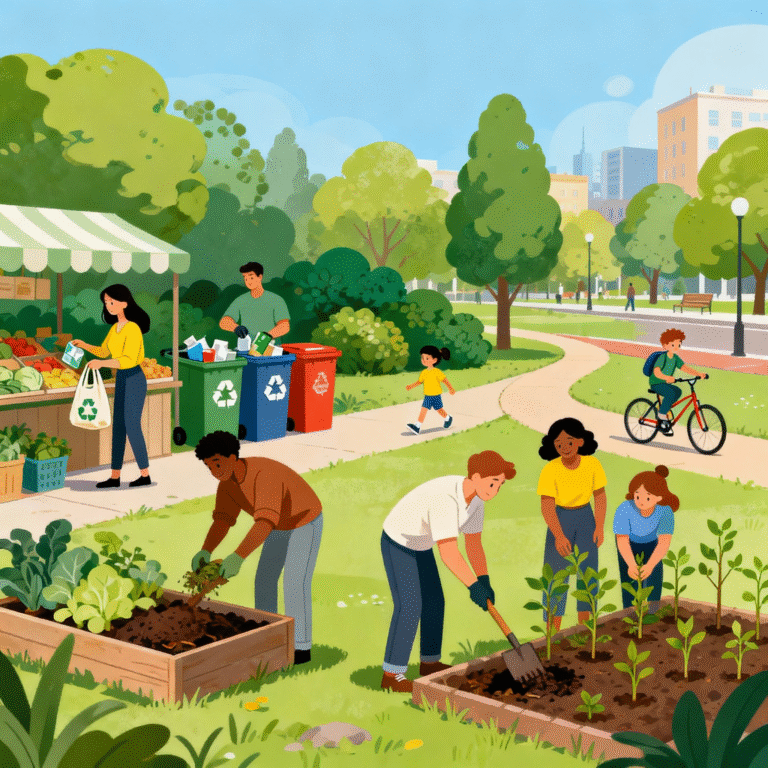 Illustration of diverse people practicing eco-friendly habits like recycling, biking, planting trees, and using reusable bags in a green urban setting.