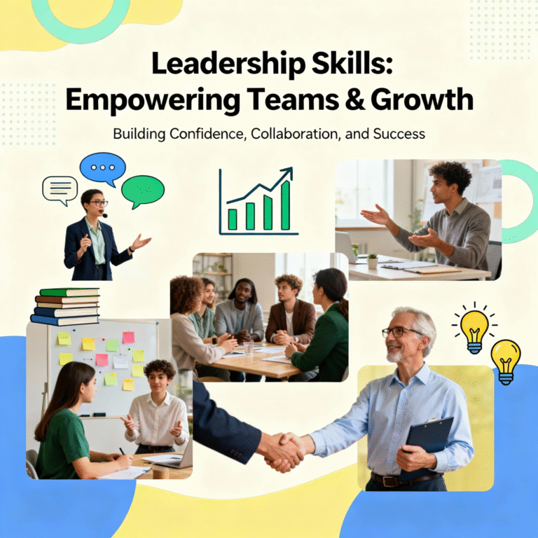 Illustration of diverse people engaging in leadership activities like guiding a team, public speaking, mentoring, brainstorming, and collaborating, with communication and growth icons in the background.