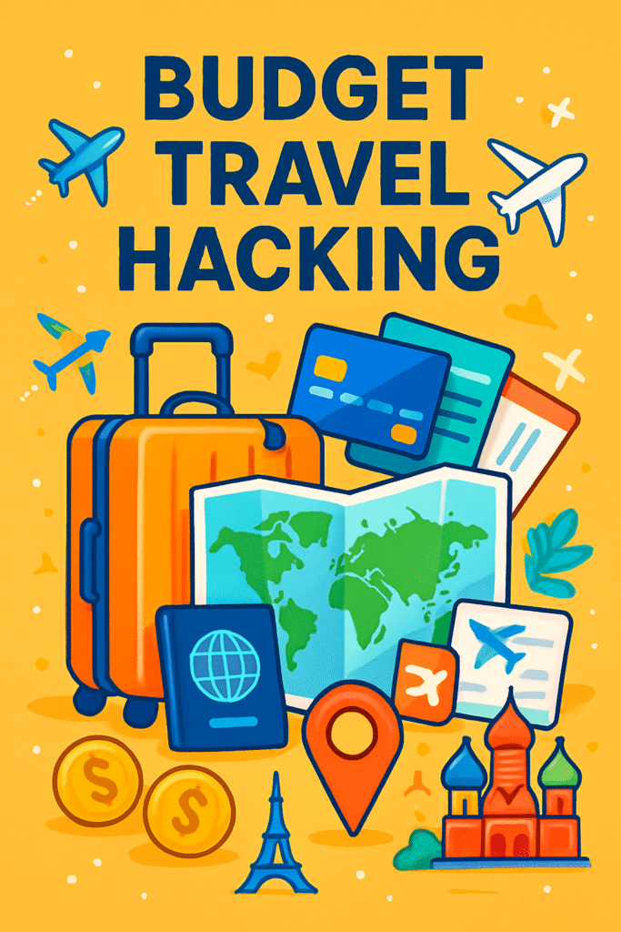 A modern, colorful illustration showing a suitcase, world map, plane tickets, credit cards, travel documents, and cheerful travel icons symbolizing budget travel hacking.