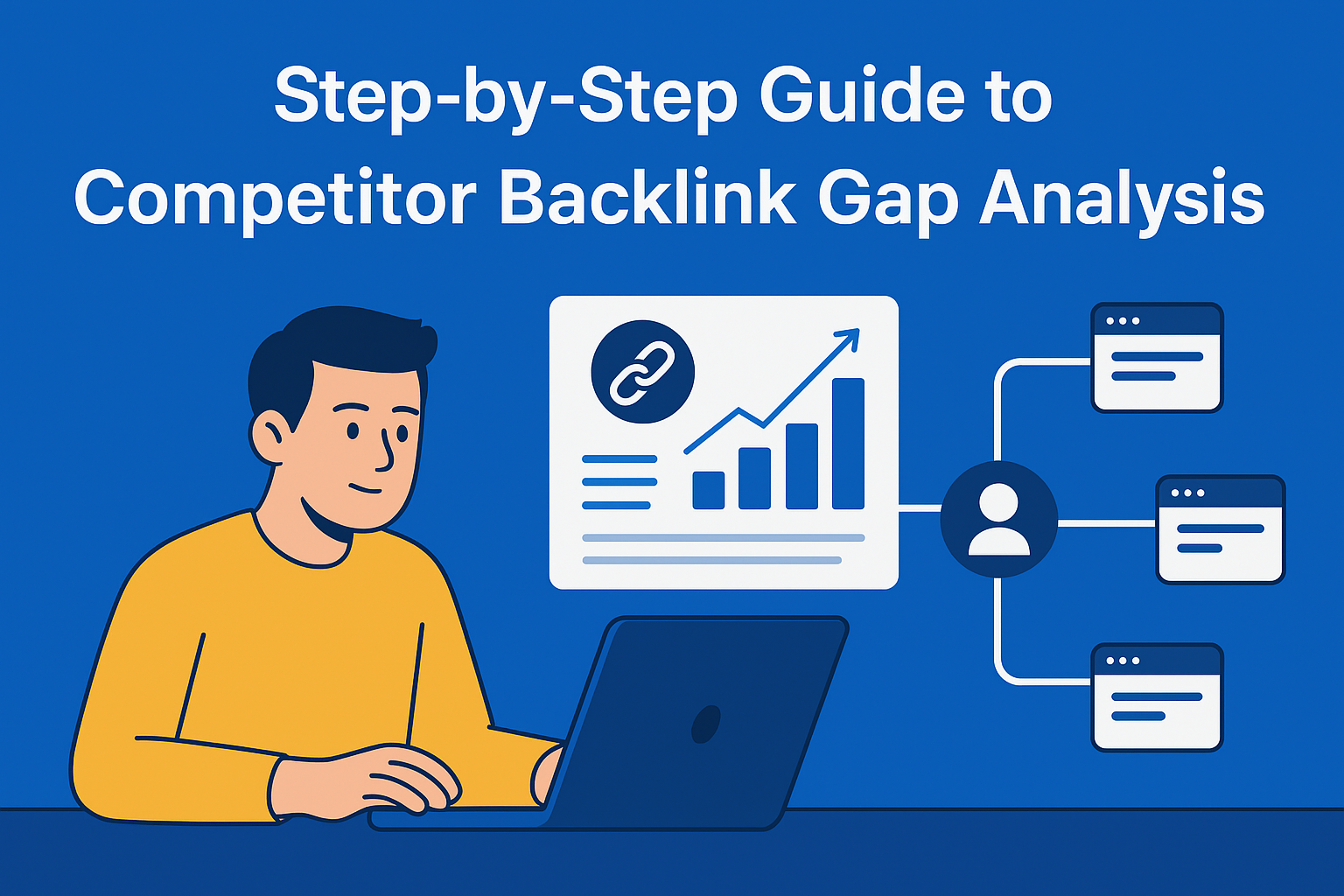 Illustration of a person analyzing backlink data on a laptop with charts and connected web elements representing SEO link analysis.