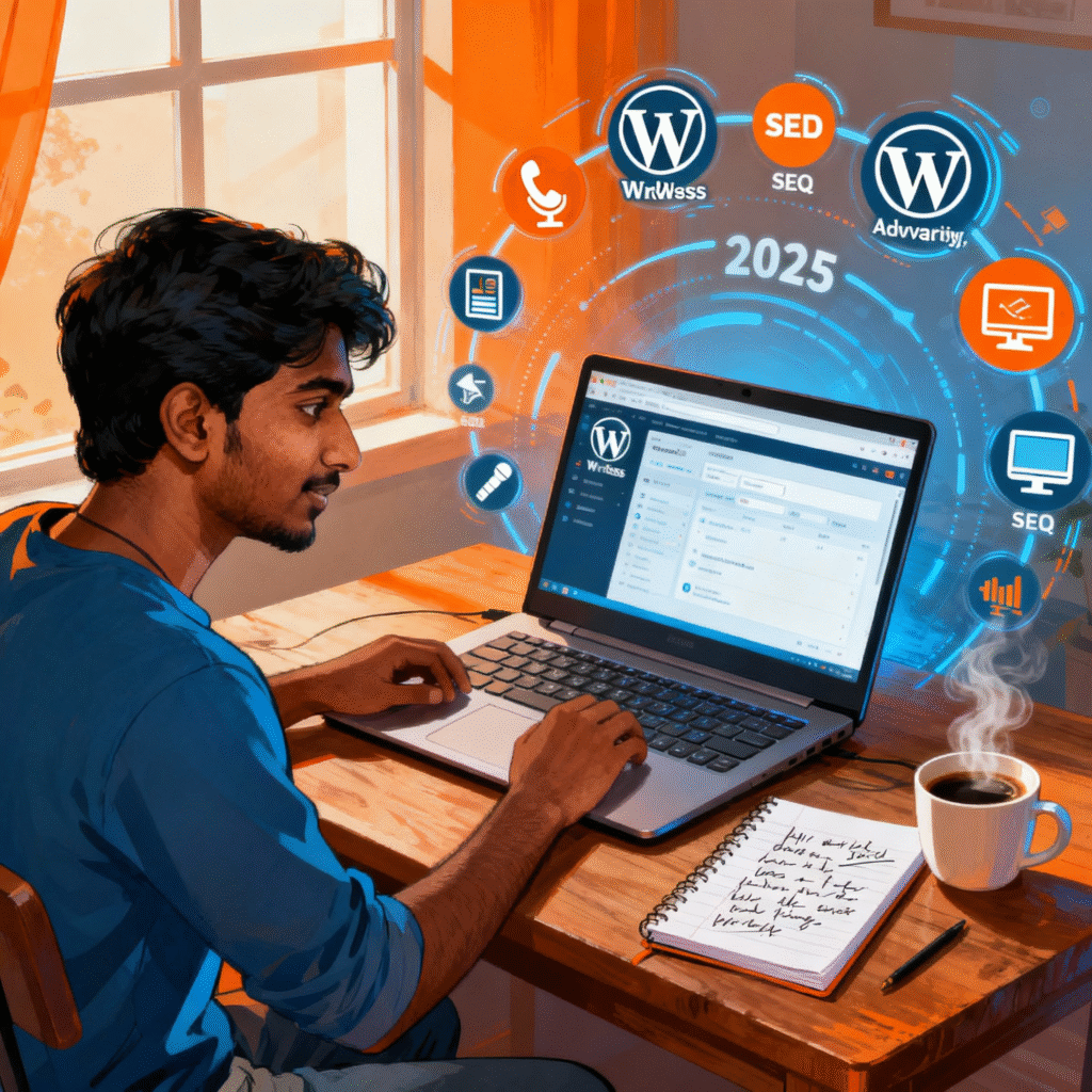 Young Indian blogger sitting at a desk with a laptop, notebook, and coffee, surrounded by icons for WordPress, SEO, and analytics — representing blogging in India 2025.