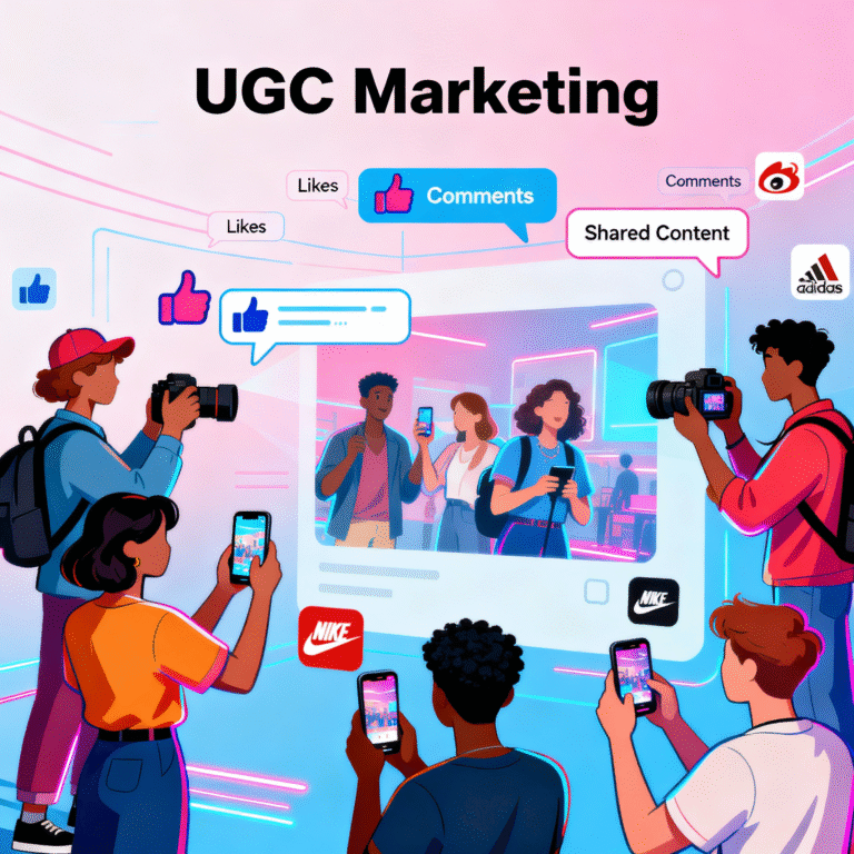 Illustration of diverse creators producing photos, videos, and social media content with icons of likes, comments, and brand interactions representing user-generated content marketing.
