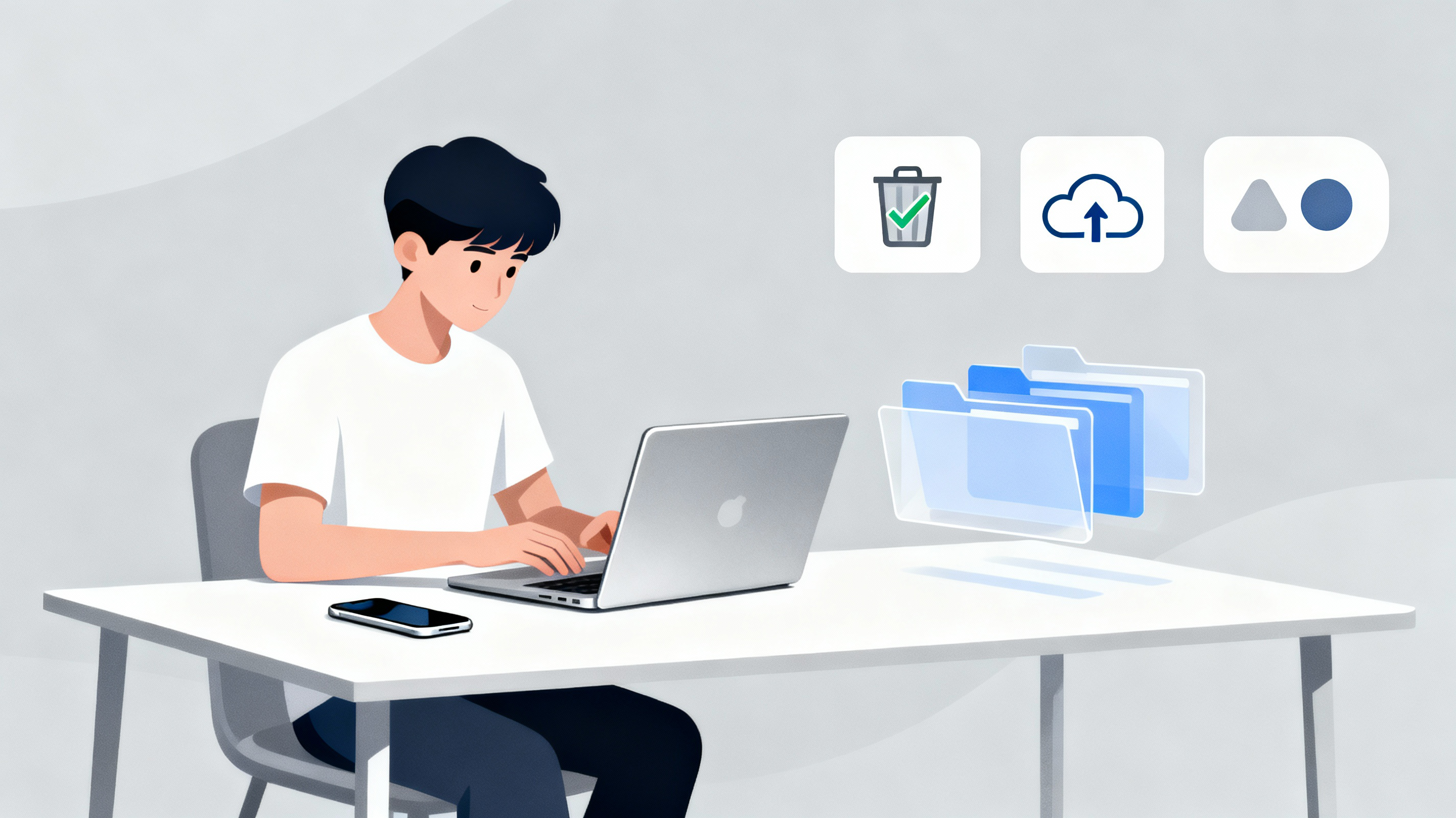 Minimalist workspace with a young person organizing a laptop, phone, and digital files on a clean desk, featuring icons for decluttering and cloud storage.