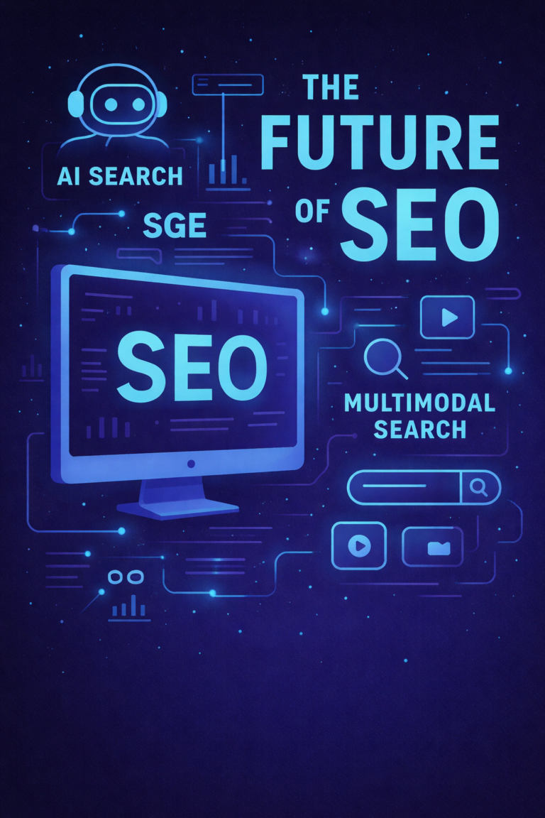 Futuristic illustration showing AI-driven SEO, search generative experience, and multimodal search trends shaping the future of SEO in 2026.