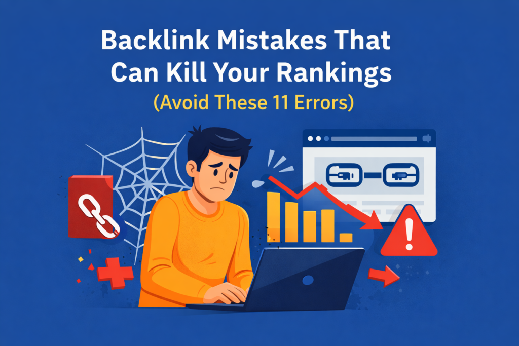Illustration showing backlink mistakes that can kill search rankings, including broken links, SEO warnings, and declining website performance.