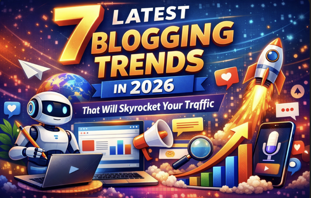 Latest blogging trends in 2026 including AI content, SEO growth, and traffic strategies