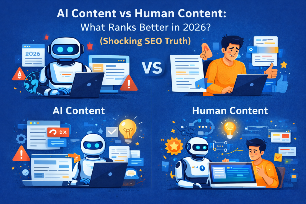 Illustration comparing AI content and human content for SEO rankings in 2026, showing a robot and a human writer working on laptops.