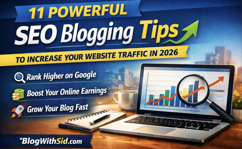 SEO blogging tips illustration showing laptop analytics growth chart and digital marketing workspace for increasing website traffic.