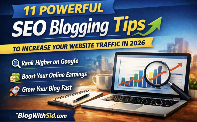 SEO blogging tips illustration showing laptop analytics growth chart and digital marketing workspace for increasing website traffic.