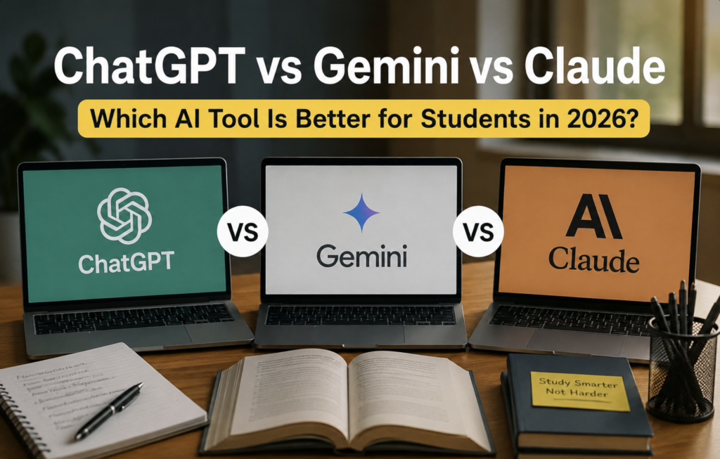 Comparison of ChatGPT, Gemini, and Claude AI tools for students in 2026 displayed on laptops with study materials on a desk.