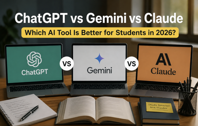 Comparison of ChatGPT, Gemini, and Claude AI tools for students in 2026 displayed on laptops with study materials on a desk.
