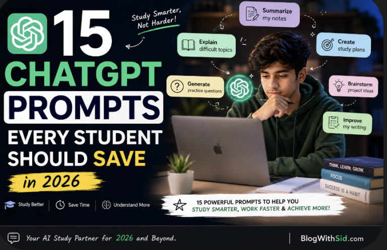 tudent using ChatGPT on a laptop with study prompts and productivity tips displayed, representing the best ChatGPT prompts for students in 2026.
